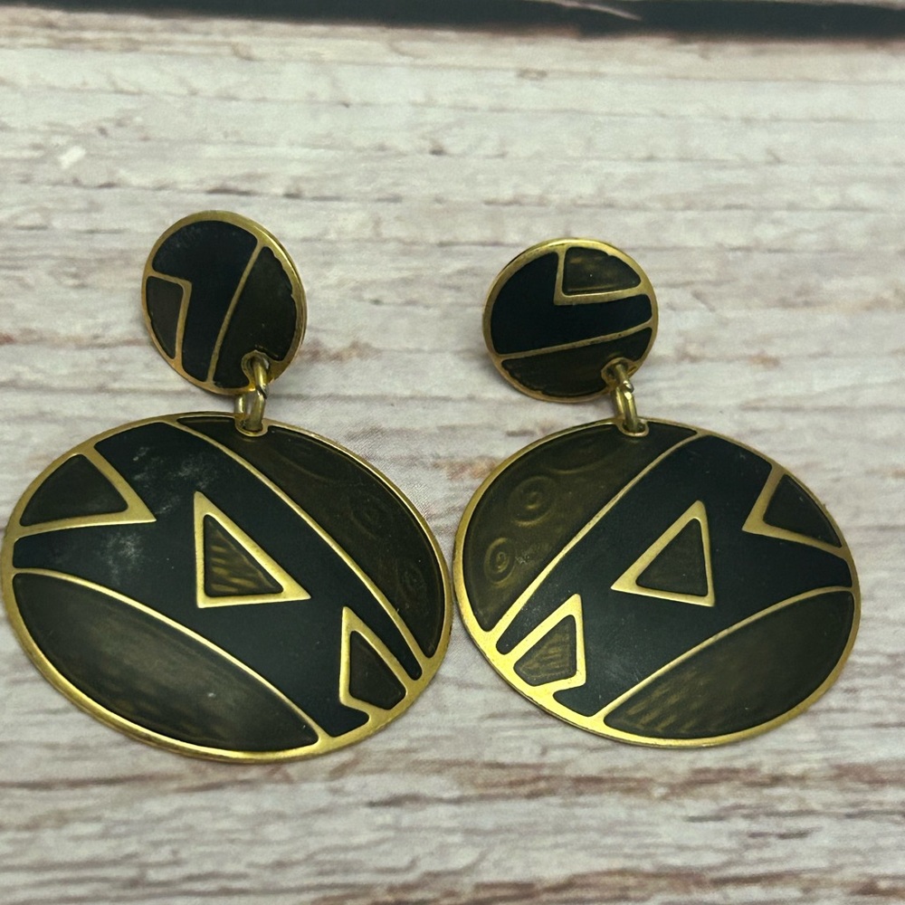 Vintage Barébi Geometric Statement Earrings – Black & Gold Modernist Design E977